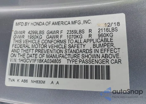 2019 Honda Accord Lx 1.5T z USA, uszkodzony, nr VIN 1HGCV1F18KA034805